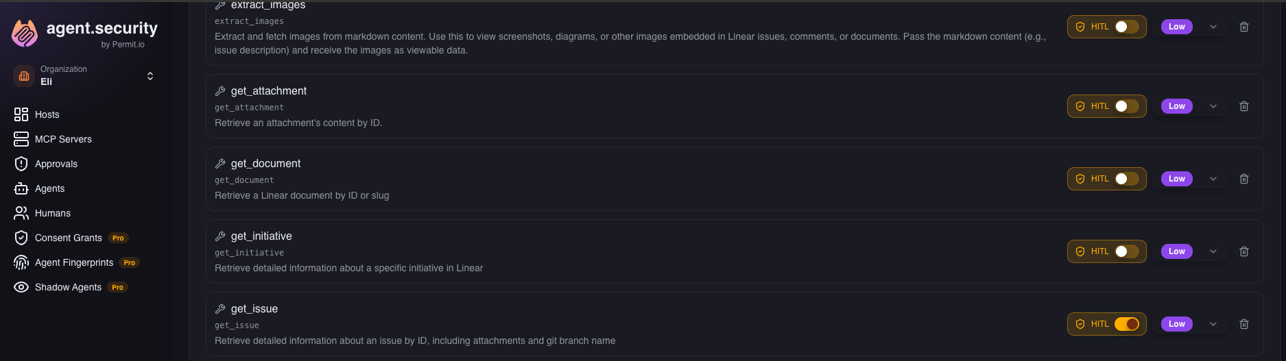 Per-tool HITL toggle on the tool list