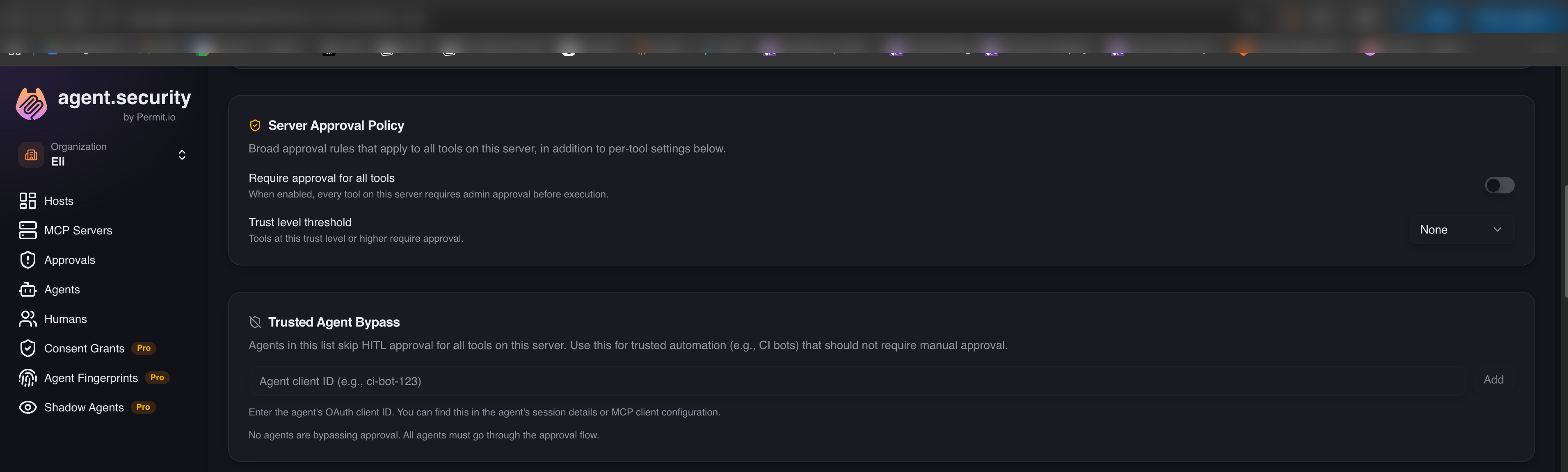 Server approval policy and trusted agent bypass